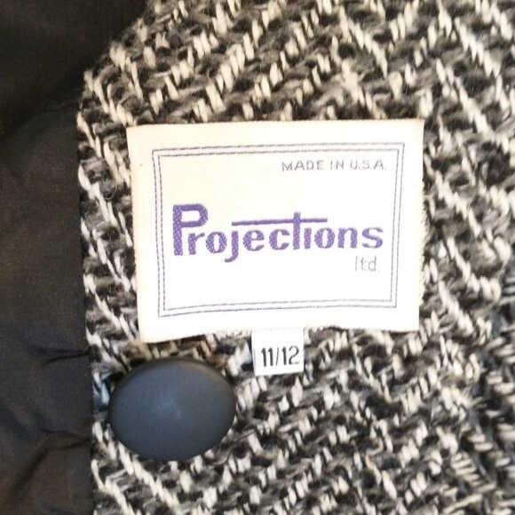 VTG Black Gray Herringbone Coat Size 11/12 Leather Trim by Projections LTD USA - Picture 7 of 8
